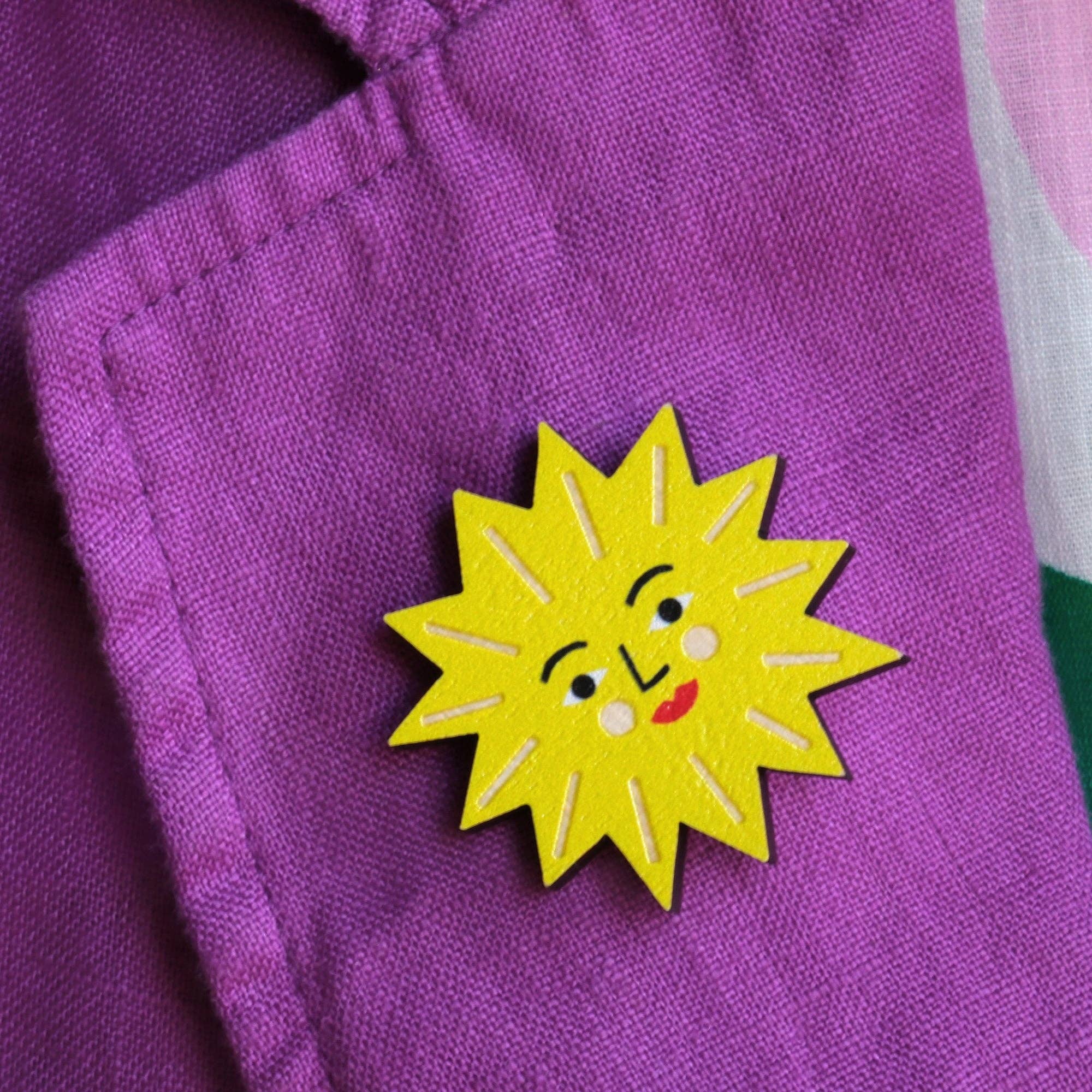 Sun Printed Wooden Pin Badge