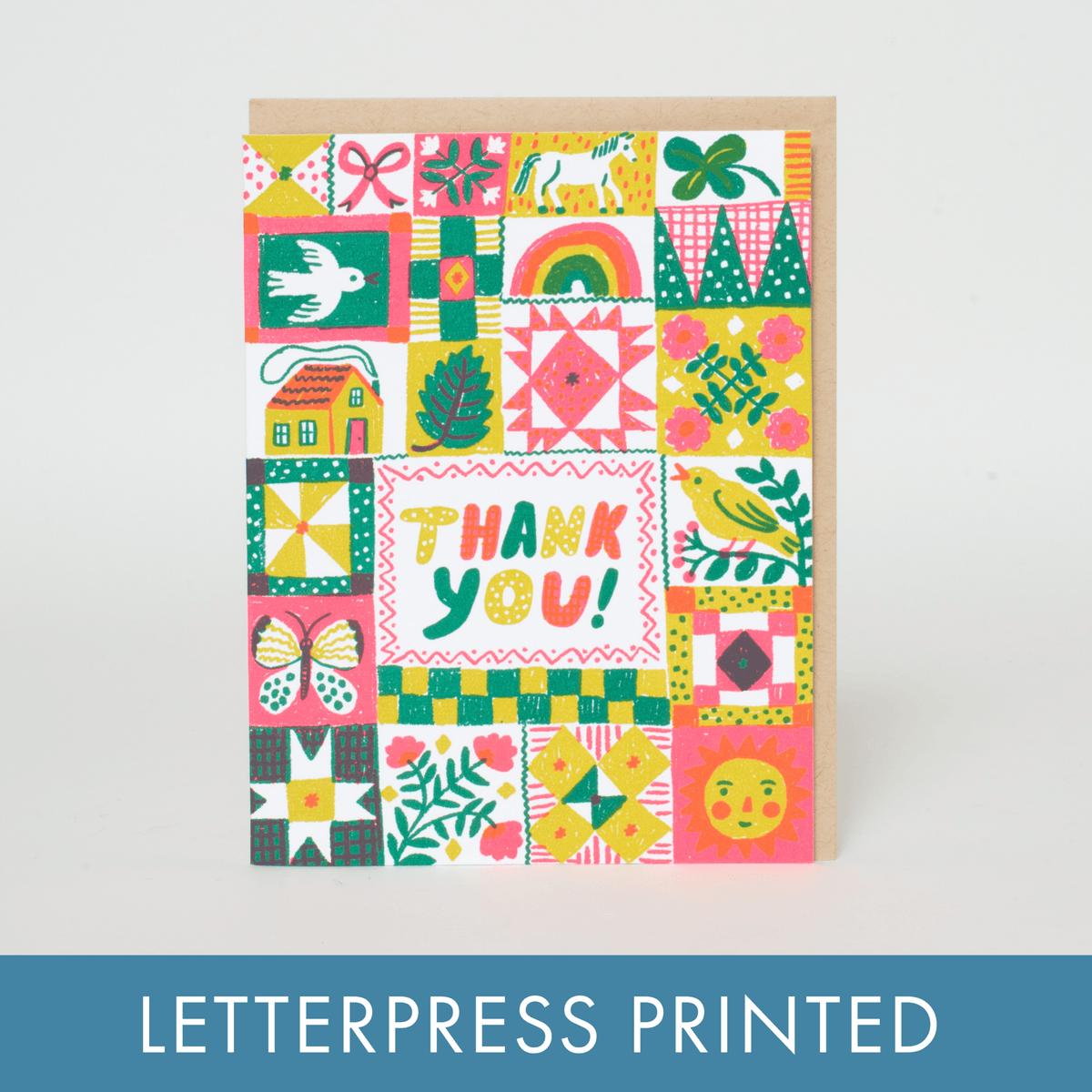 Folk Quilt Thanks – Letterpress Greeting Card